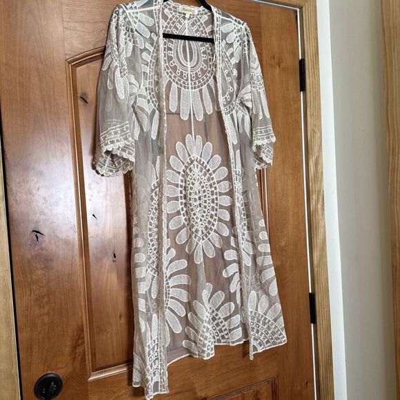Rebellion Coquette Open Duster‎ Cardigan Antique Cream Embroidered Floral Lace - Picture 2 of 14